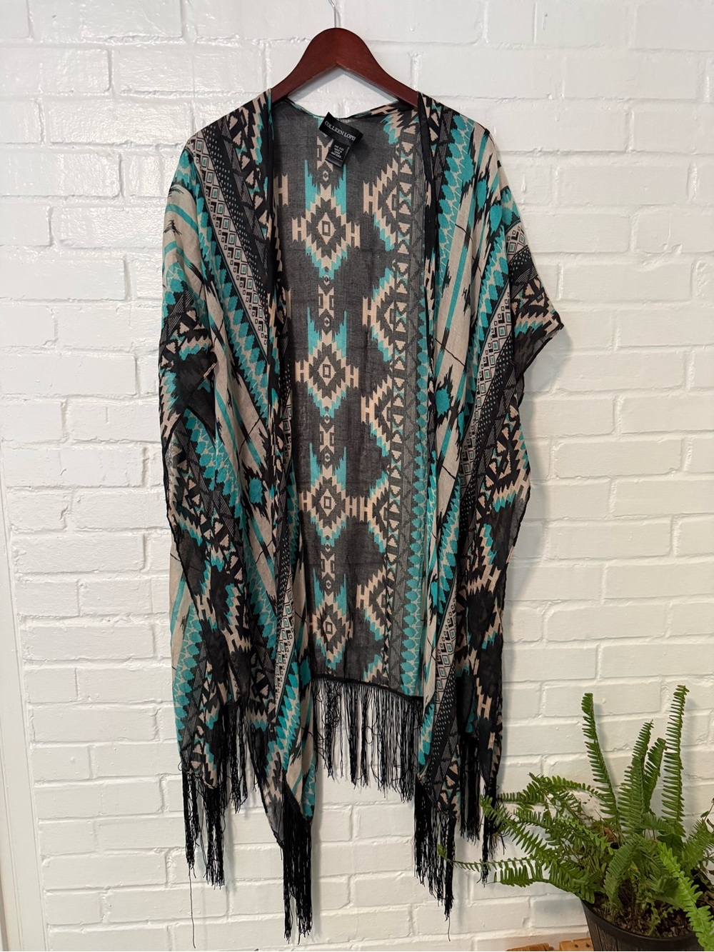 Wonderly Teal, Black and Cream Aztec Fringe Wrap